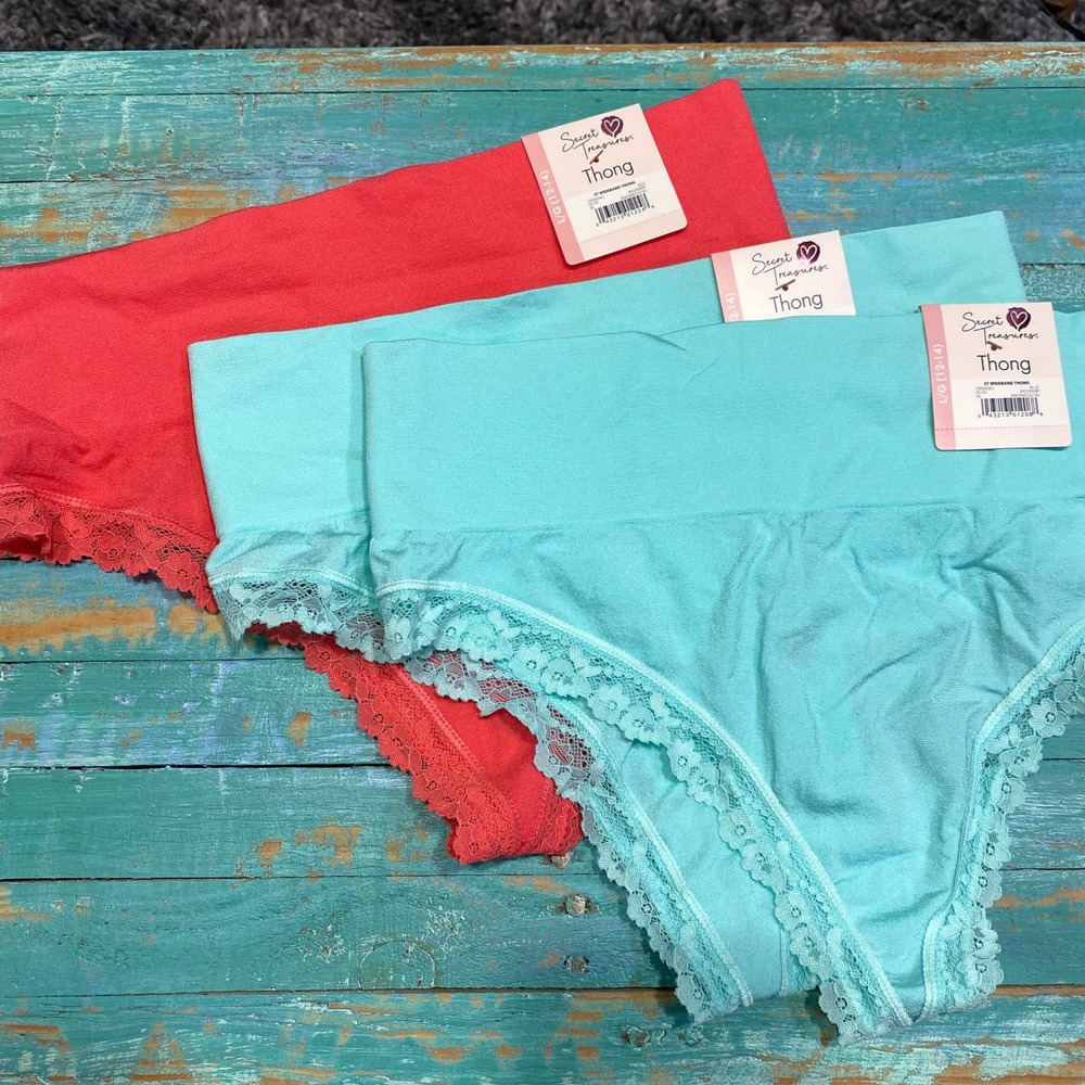 Secret Treasures Women Wideband Thong Lace Trim Underwear 3 Pack Coral Blue L 12